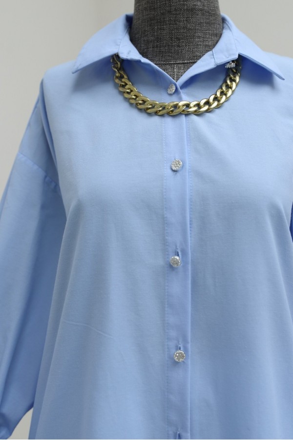 Shirt with gathered sleeves and pleated back -Baby Blue