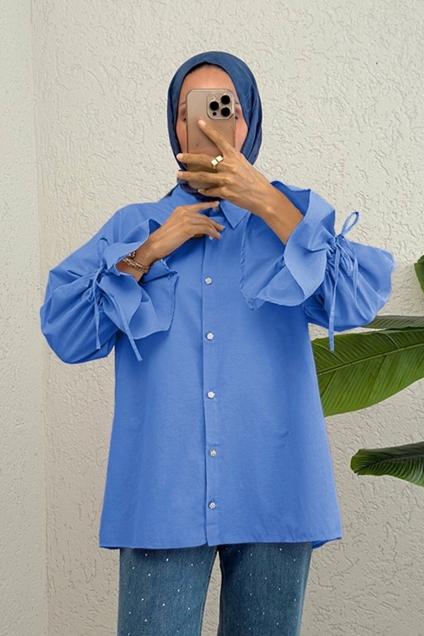 Shirt with gathered sleeves and pleated back -İndigo