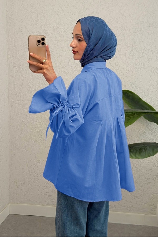Shirt with gathered sleeves and pleated back -İndigo
