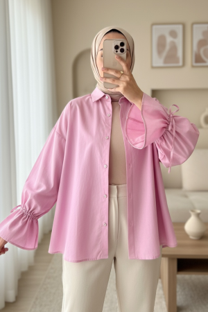Kolu Büzgülü Arkası Piliseli Gömlek -Pembe