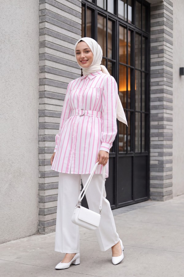 Kalın Çizgili Tokalı Kemerli Gömlek -Pembe