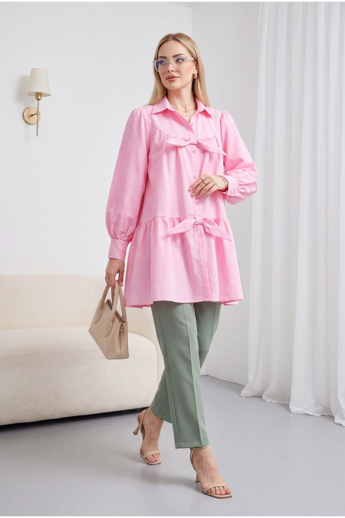 Button-Front Casual Shirt with Ribbon Detail -Pink