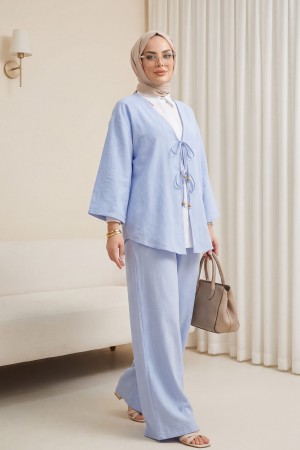 Önü Çift Bağlamalı Pantolonlu Kimono Takım -Bebe Mavi