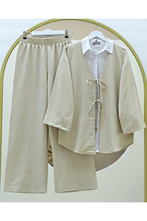 Kimono Set with Double Front Tie and Trousers - Beige