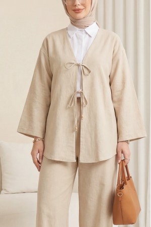 Kimono Set with Double Front Tie and Trousers - Beige