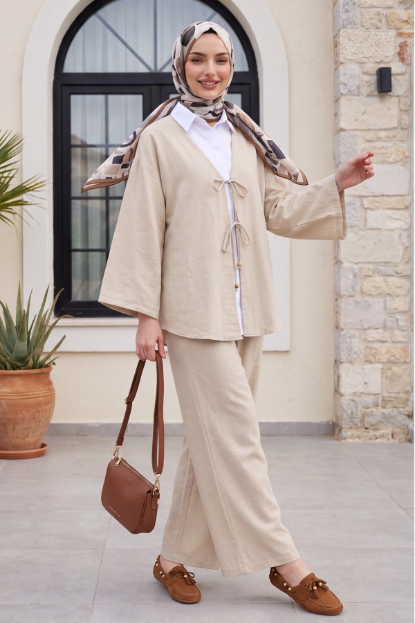 Kimono Set with Double Front Tie and Trousers - Beige