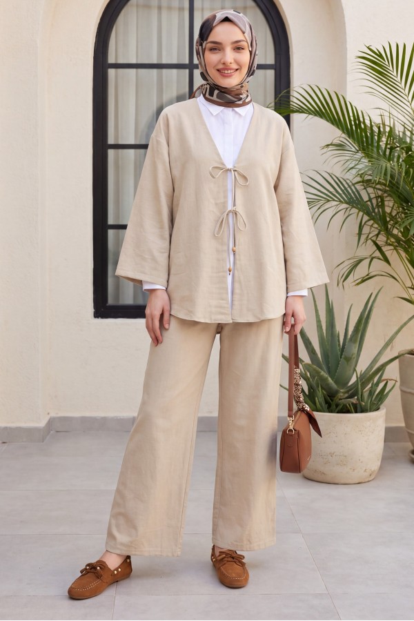Kimono Set with Double Front Tie and Trousers - Beige