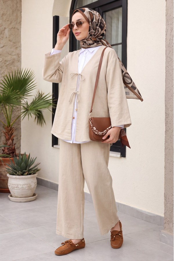 Kimono Set with Double Front Tie and Trousers - Beige