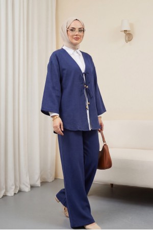 طقم كيمونو مع بنطال برباط أمامي مزدوج -كحلي