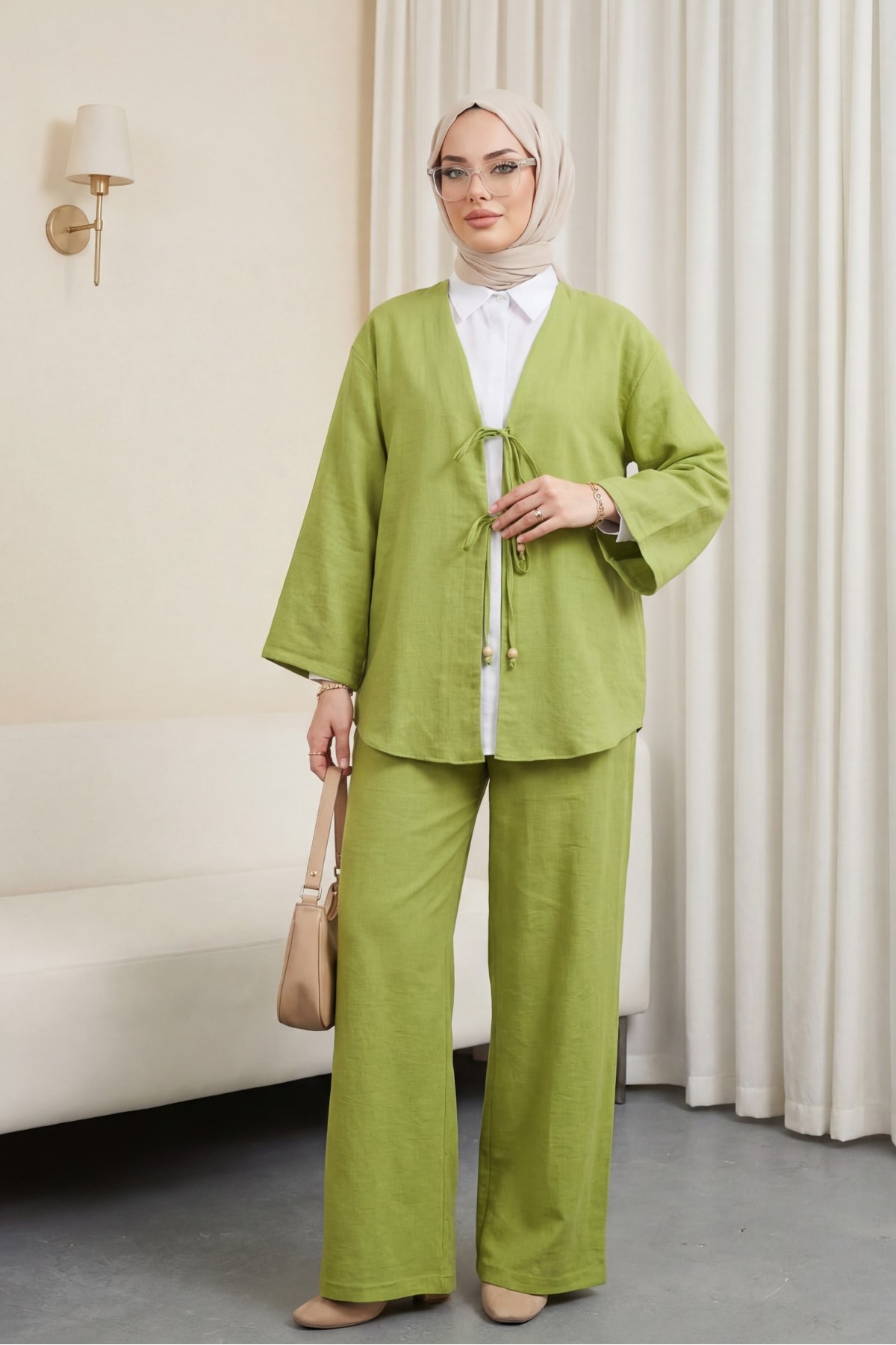 Kimono Set with Double Front Tie and Trousers -Oil Green
