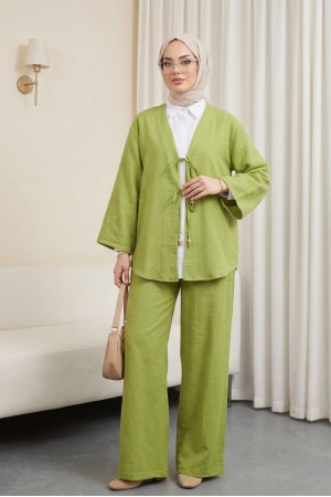 Önü Çift Bağlamalı Pantolonlu Kimono Takım -Yağ Yeşili