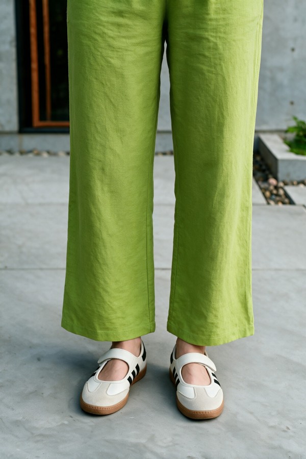 Kimono Set with Double Front Tie and Trousers -Oil Green