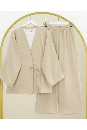 Front Tie Trouser Kimono Set - Beige