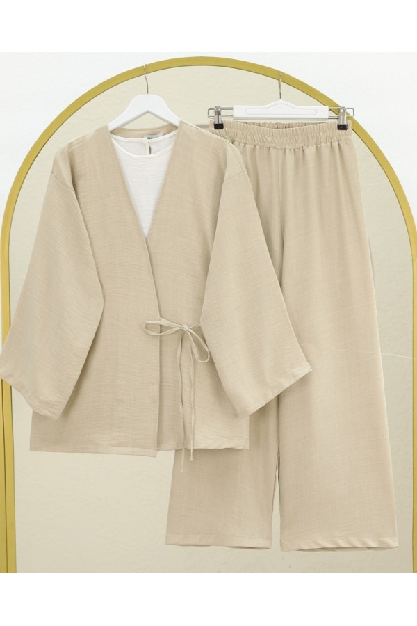 Önden Bağlamalı Pantolonlu Kimono Takım -Bej