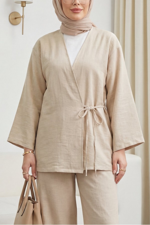 Önden Bağlamalı Pantolonlu Kimono Takım -Bej