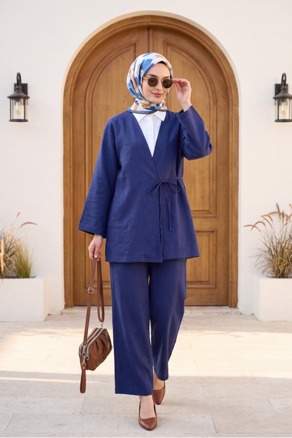 Front Tie Trouser Kimono Set -Navy blue