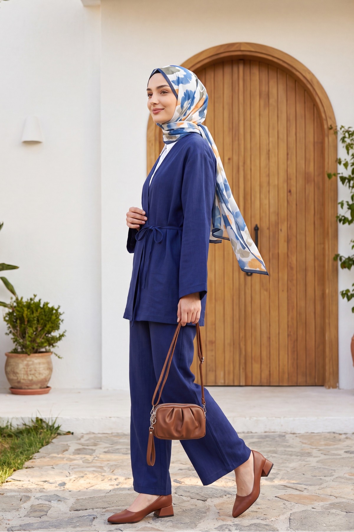 Front Tie Trouser Kimono Set -Navy blue