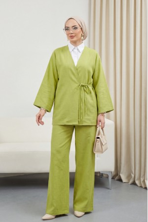 Önden Bağlamalı Pantolonlu Kimono Takım -Yağ Yeşili