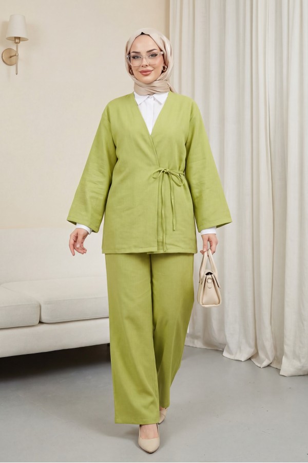 Önden Bağlamalı Pantolonlu Kimono Takım -Yağ Yeşili