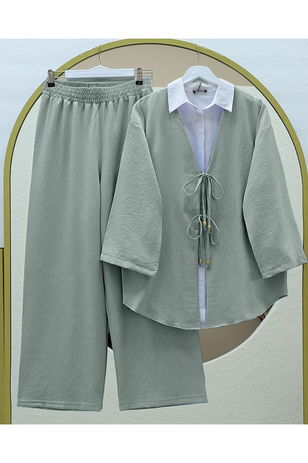 Önü Çift Bağlamalı Pantolonlu Kimono Takım  -Mint