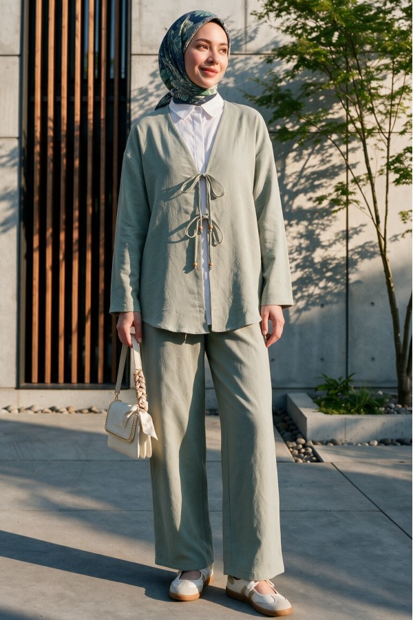 Kimono Set with Double Front Tie and Trousers  -Mint Color