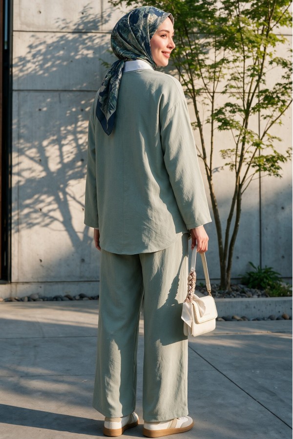 Kimono Set with Double Front Tie and Trousers  -Mint Color