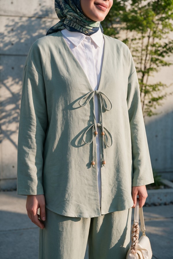 Kimono Set with Double Front Tie and Trousers  -Mint Color