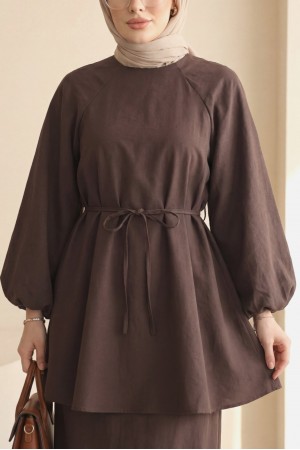 Yuvarlak Yaka Beli Bağcıklı Balon Kol Tunik -Kahve