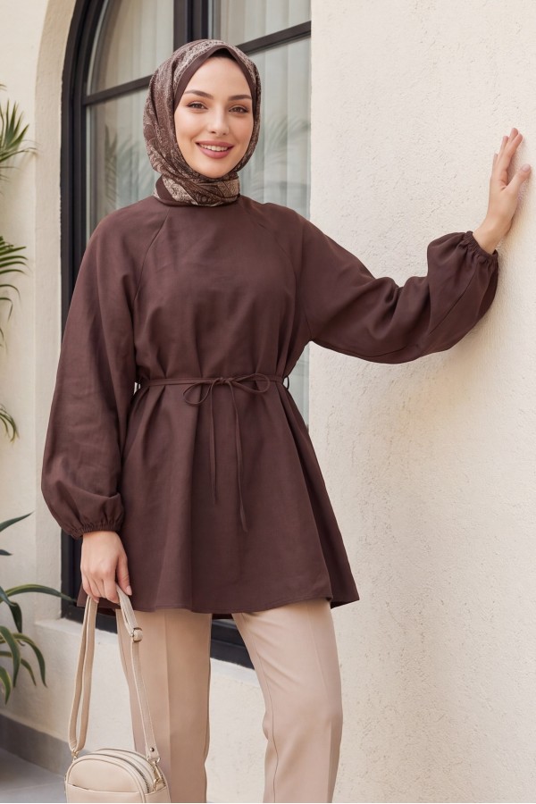 Round Neck Tied Waist Balloon Sleeve Tunic -Brown