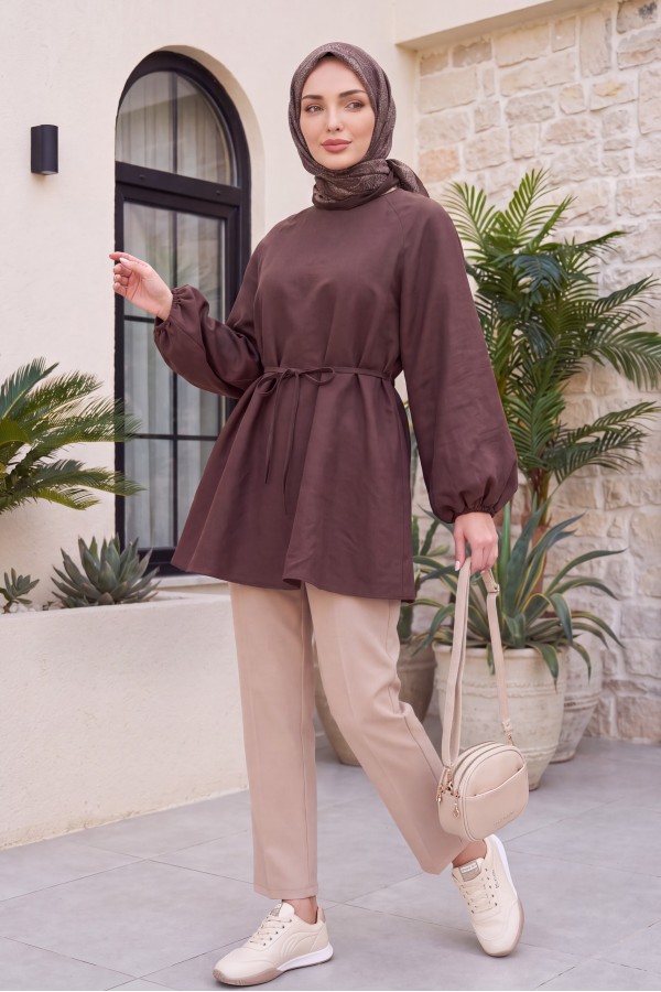 Round Neck Tied Waist Balloon Sleeve Tunic -Brown