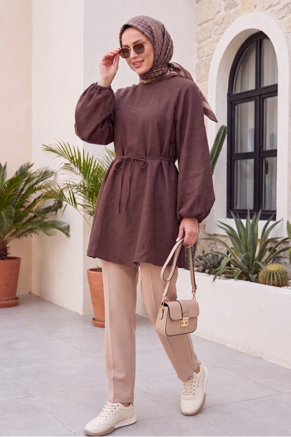 Round Neck Tied Waist Balloon Sleeve Tunic -Brown
