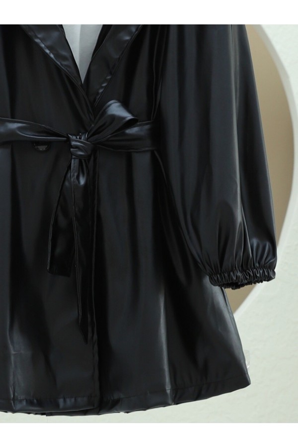 Double Pocket Buttoned Elastic Sleeve Leather Coat -Black