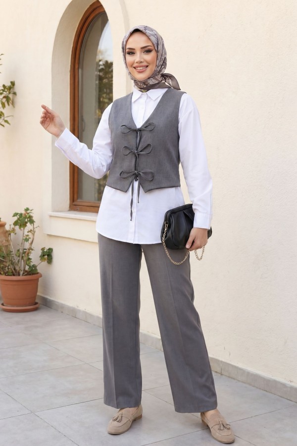 Önü Bağcıklı Yelek Pantolon İkili Keten Görünümlü Takım -Füme