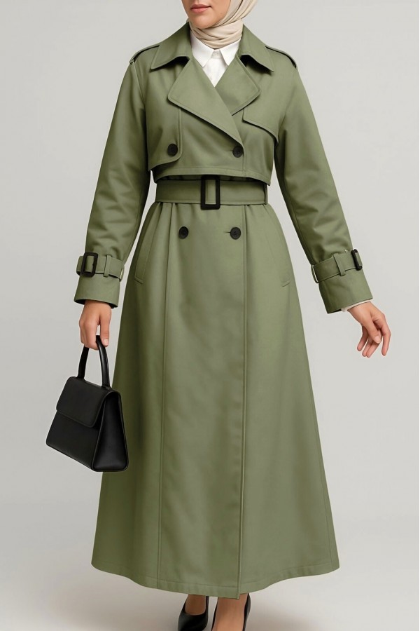 Pleated Skirt Bolero Belted Trench Coat -Khaki