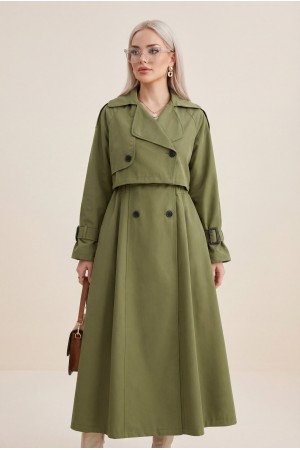 Pleated Skirt Bolero Belted Trench Coat -Khaki