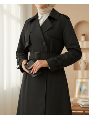 Eteği Pliseli Bolerolu Kemerli Trençkot -Siyah