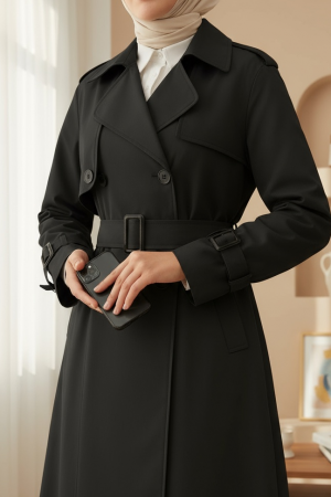 Eteği Pliseli Bolerolu Kemerli Trençkot -Siyah