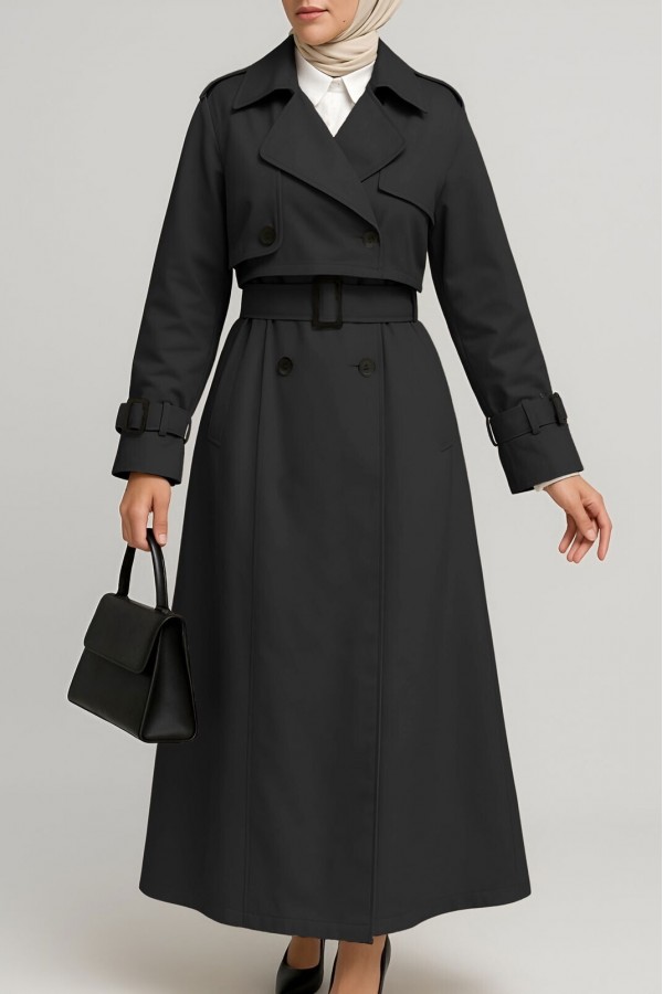Pleated Skirt Bolero Belted Trench Coat -Black