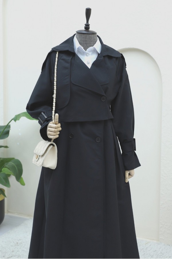 Pleated Skirt Bolero Belted Trench Coat -Black