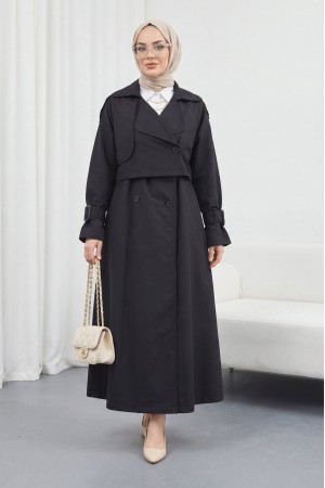 Pleated Skirt Bolero Belted Trench Coat -Black