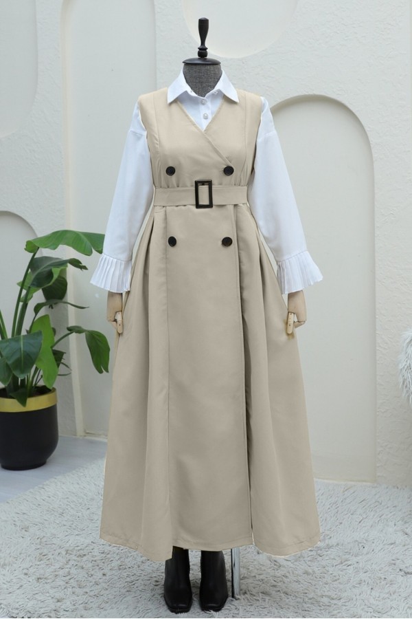 Pleated Skirt Bolero Belted Trench Coat -Stone
