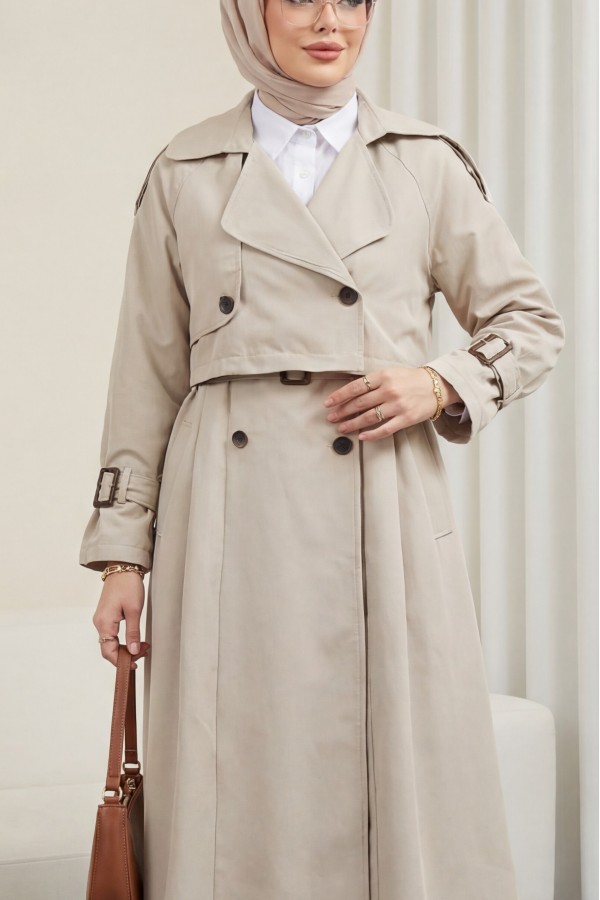 Pleated Skirt Bolero Belted Trench Coat -Stone