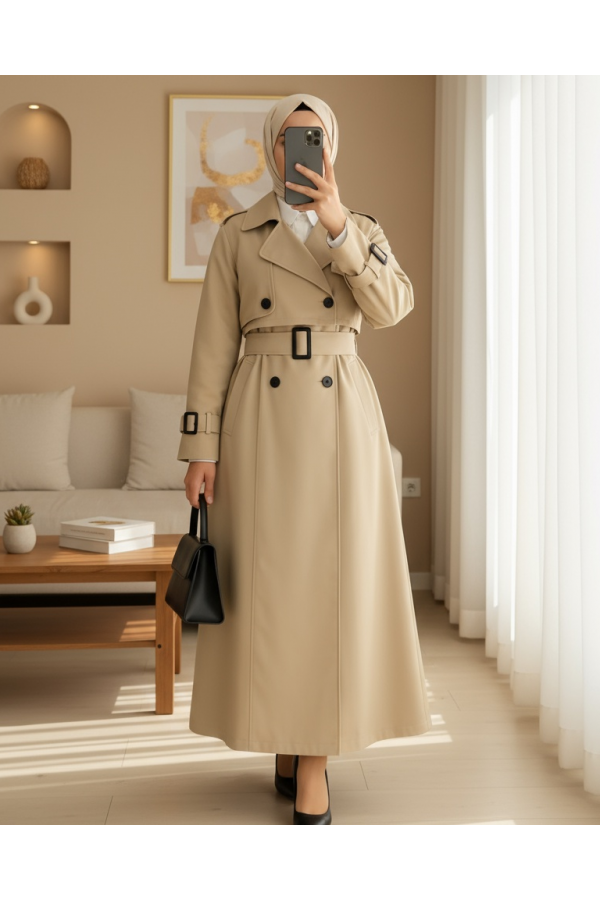 Pleated Skirt Bolero Belted Trench Coat -Mink color