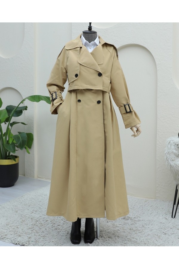 Pleated Skirt Bolero Belted Trench Coat -Mink color