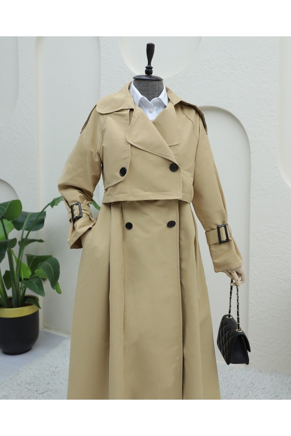 Pleated Skirt Bolero Belted Trench Coat -Mink color