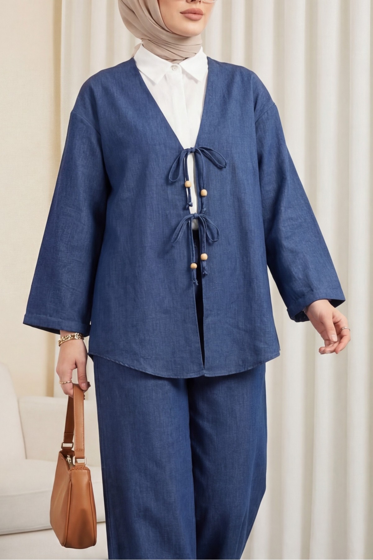 Kimono Set with Double Front Tie and Trousers   -İndigo