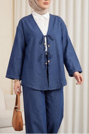 Kimono Set with Double Front Tie and Trousers   -İndigo