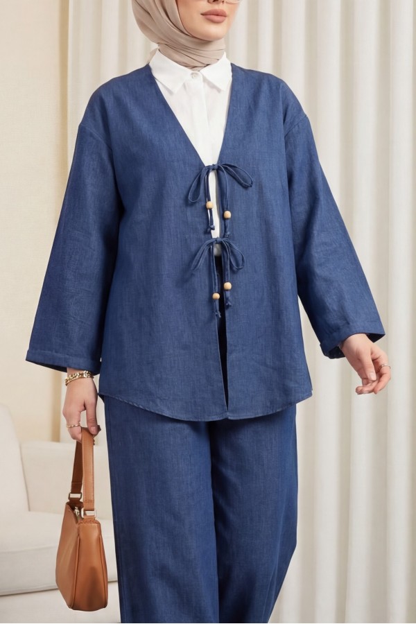 Önü Çift Bağlamalı Pantolonlu Kimono Takım   -İndigo