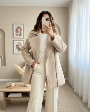 Önü Ve Cebi Fermuarlı Astarlı Buklet Ceket -Bej