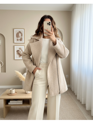 Önü Ve Cebi Fermuarlı Astarlı Buklet Ceket -Bej